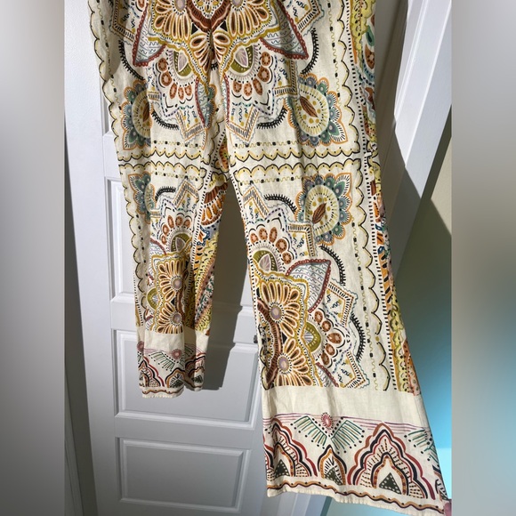 Zara Printed Linen Blend Wide Leg Pants - Boho Paisley Mandala - Sz Large - Picture 4 of 9